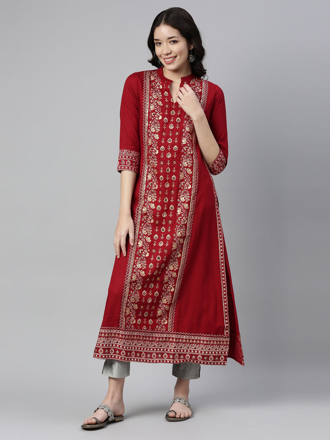 Neerus Red Color Rayon Fabric Kurta