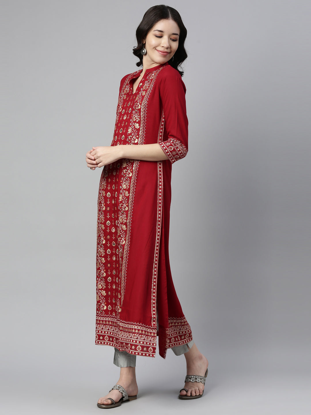 Neerus Red Color Rayon Fabric Kurta