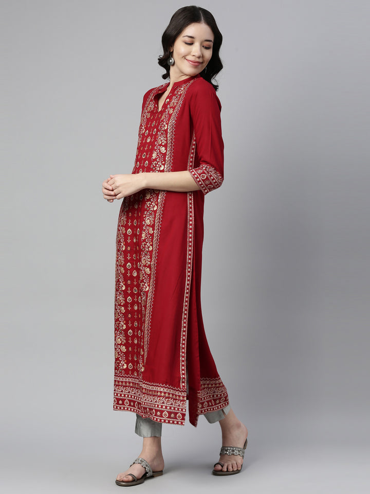 Neerus Red Color Rayon Fabric Kurta