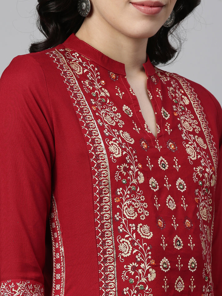 Neerus Red Color Rayon Fabric Kurta