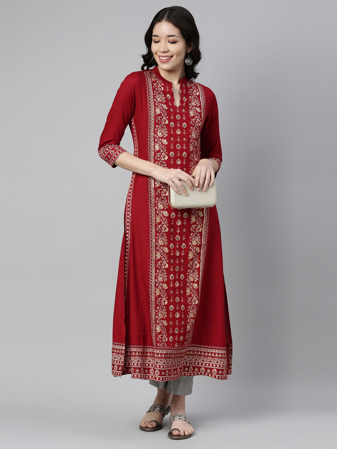 Neerus Red Color Rayon Fabric Kurta
