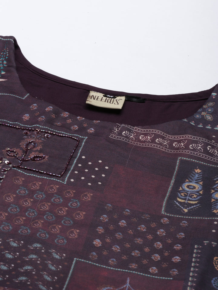 Neerus Purple Color Silk Fabric Gown