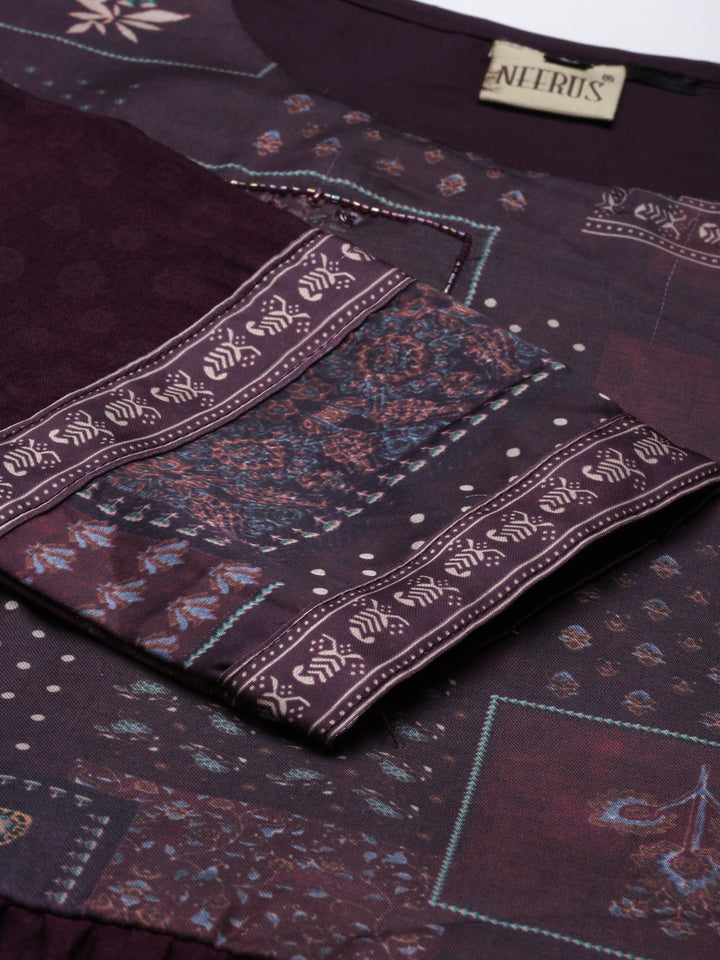 Neerus Purple Color Silk Fabric Gown