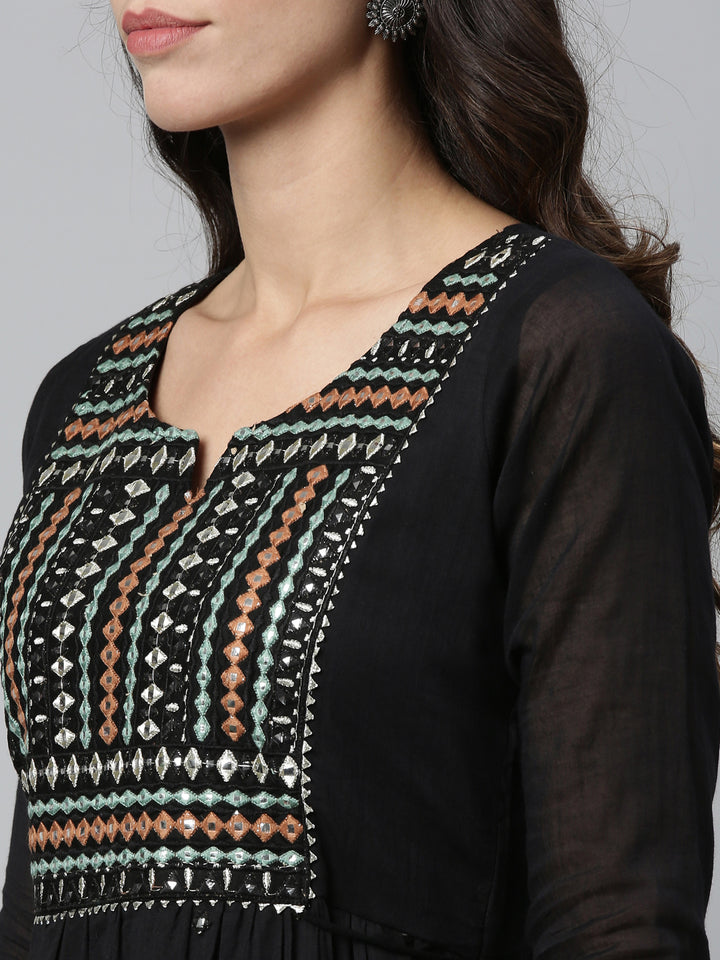 Neerus Black Color Cotton Fabric Kurta