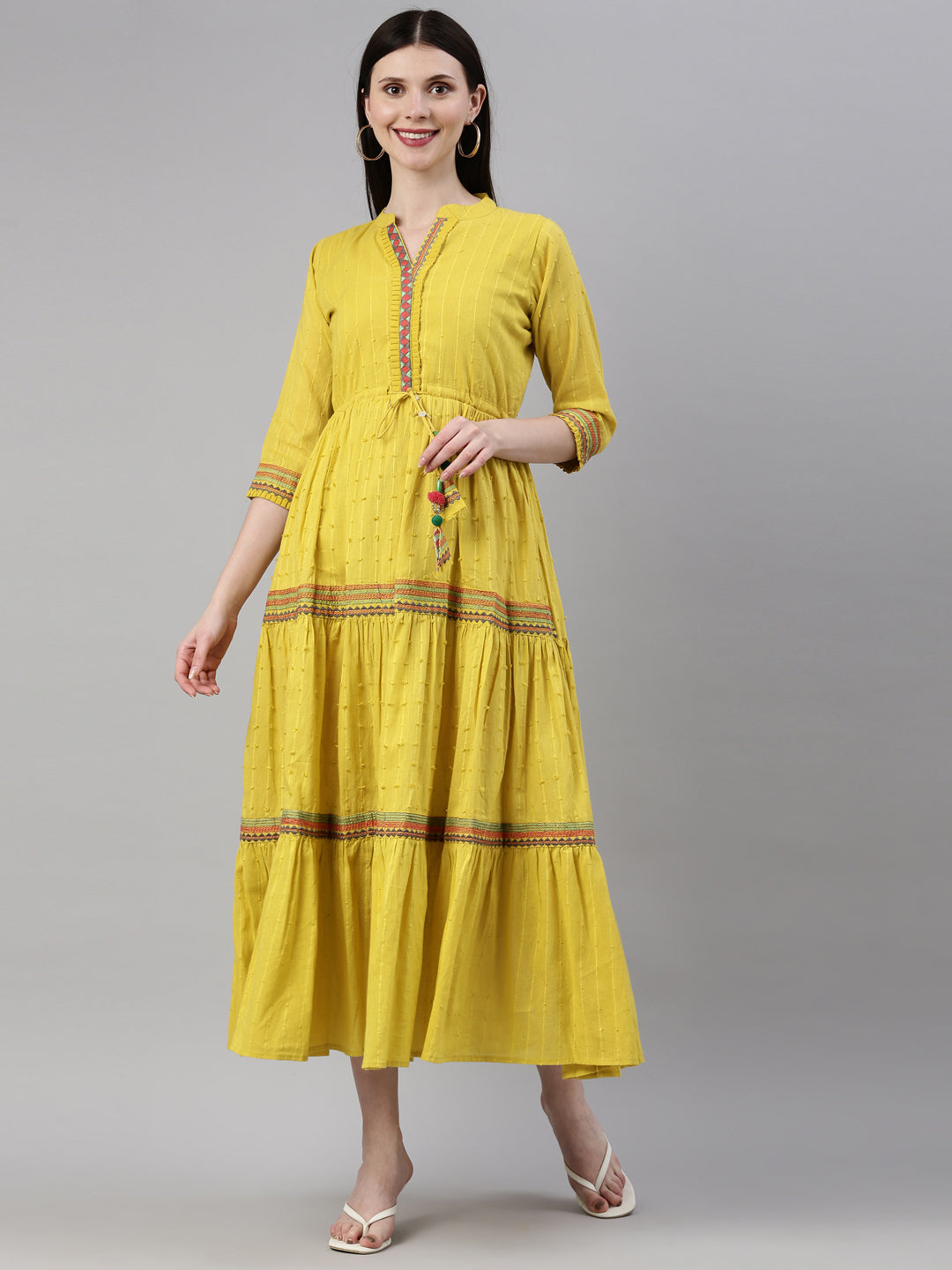 Neerus Yellow cotton maxi dress - front view