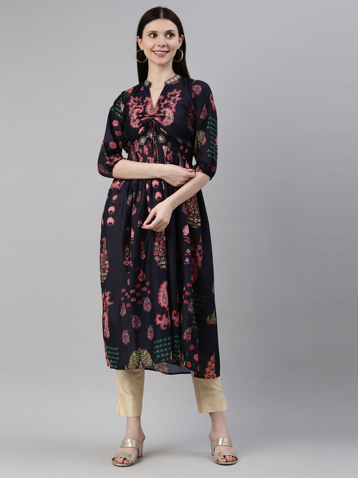Neerus Navy Blue Color Model Fabric Kurta