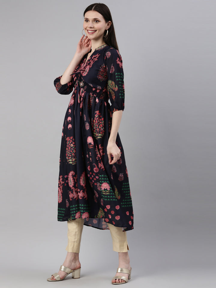 Neerus Navy Blue Color Model Fabric Kurta