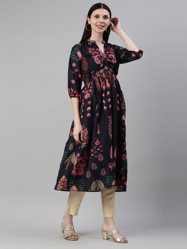 Neerus Navy Blue Color Model Fabric Kurta