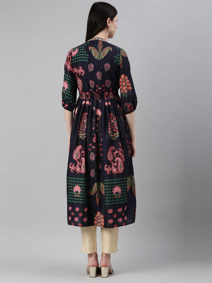 Neerus Navy Blue Color Model Fabric Kurta