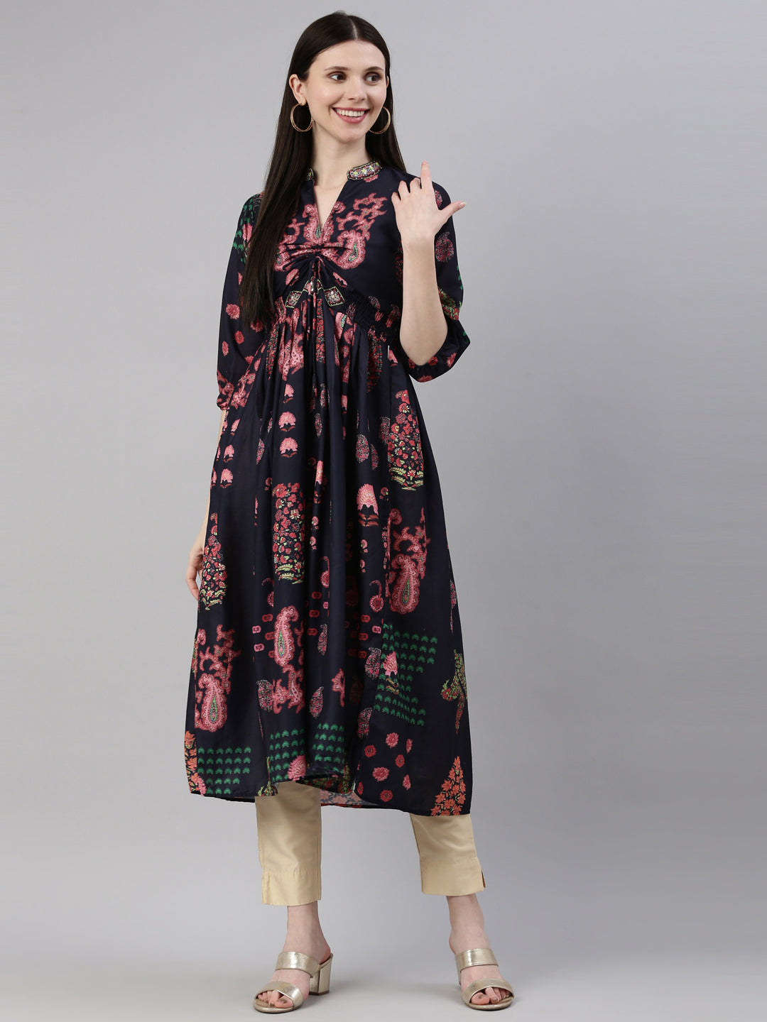 Neerus Navy Blue Color Model Fabric Kurta