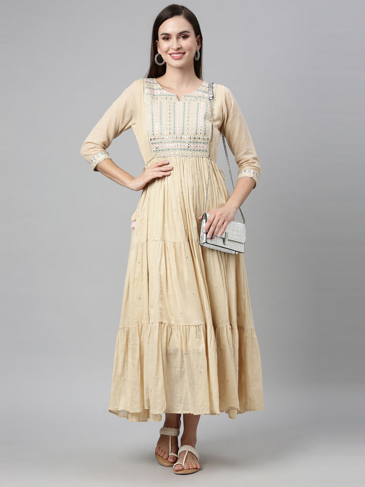 Neerus Beige cotton mirror work tiered kurti - detail view 1