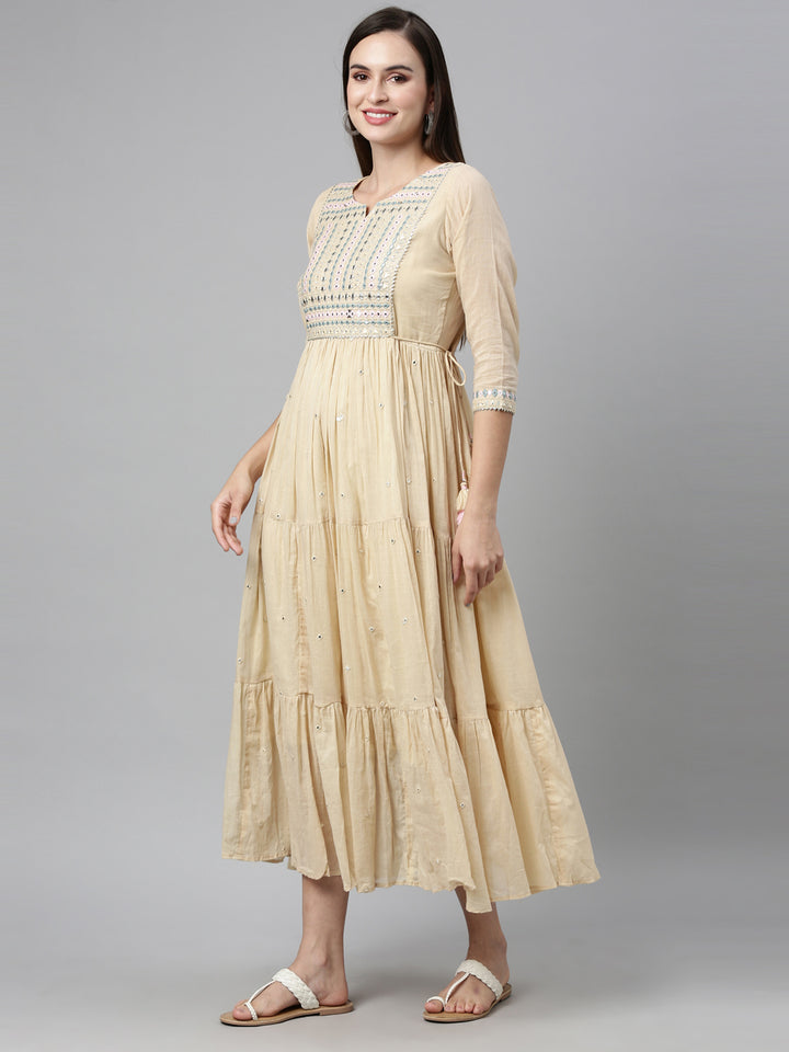 Neerus Beige cotton mirror work tiered kurti - detail view 2