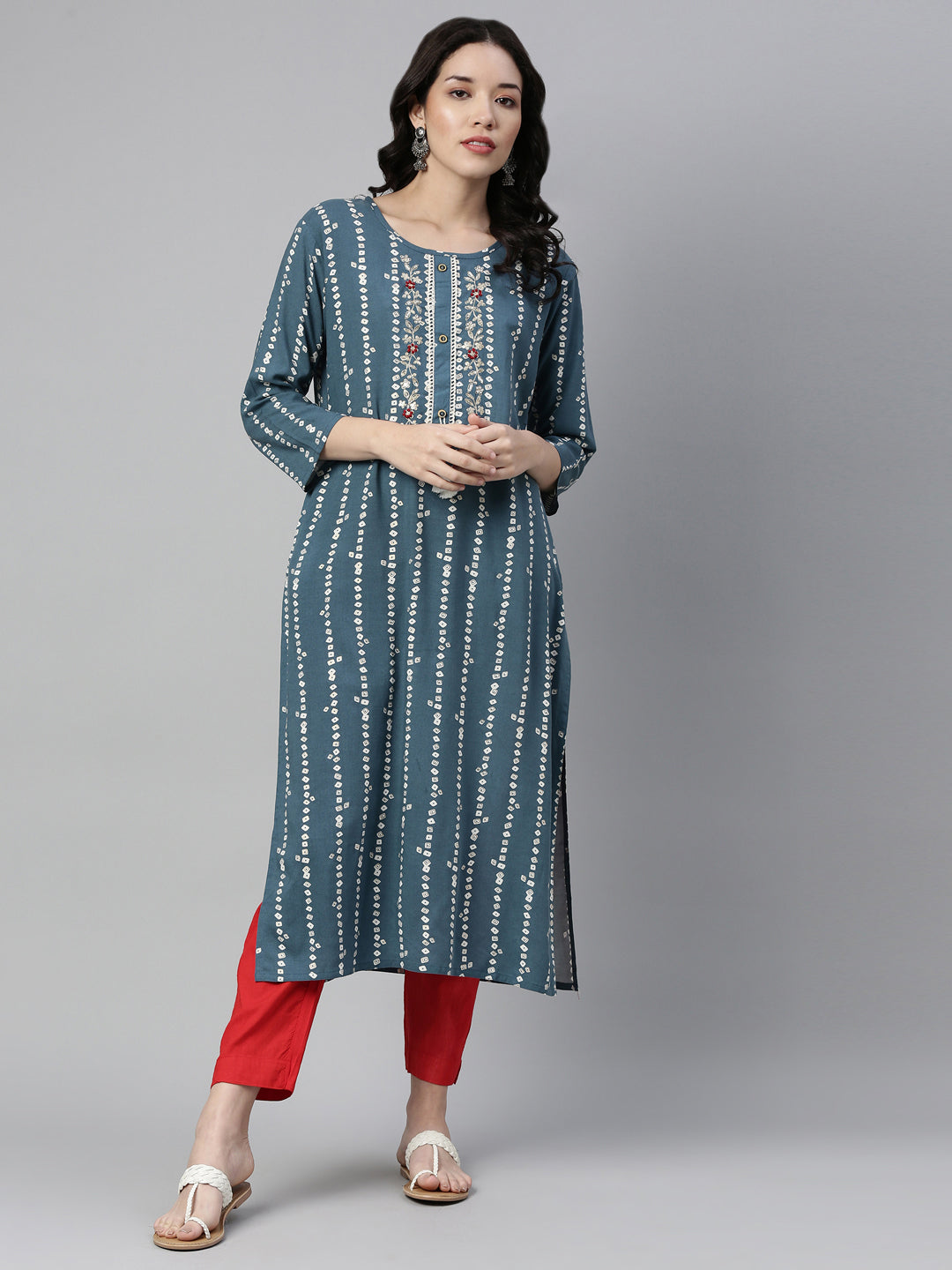 Neerus Blue Rayon Printed Kurti Bandhani - detail view 4