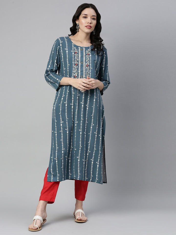 Neerus Blue Rayon Printed Kurti Bandhani - detail view 4