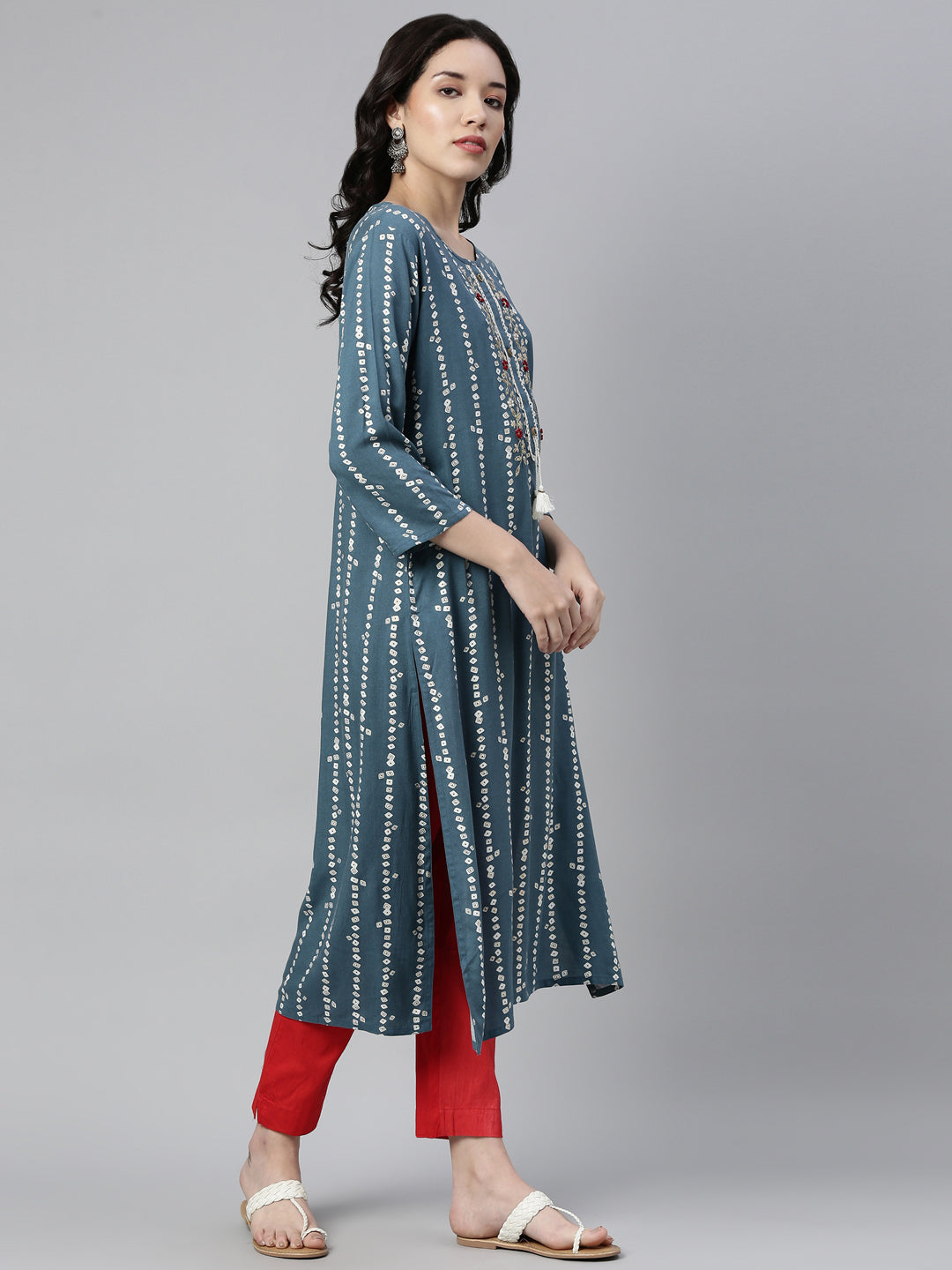 Neerus Blue Rayon Printed Kurti Bandhani - front view