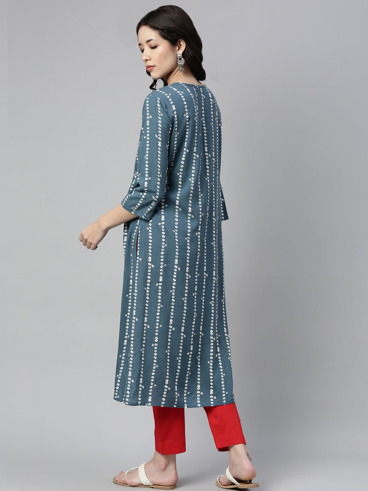 Neerus Blue Rayon Printed Kurti Bandhani - back view