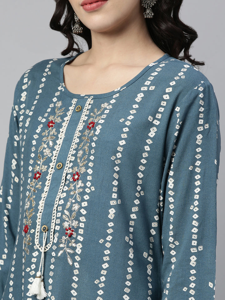 Neerus Blue Rayon Printed Kurti Bandhani - side view