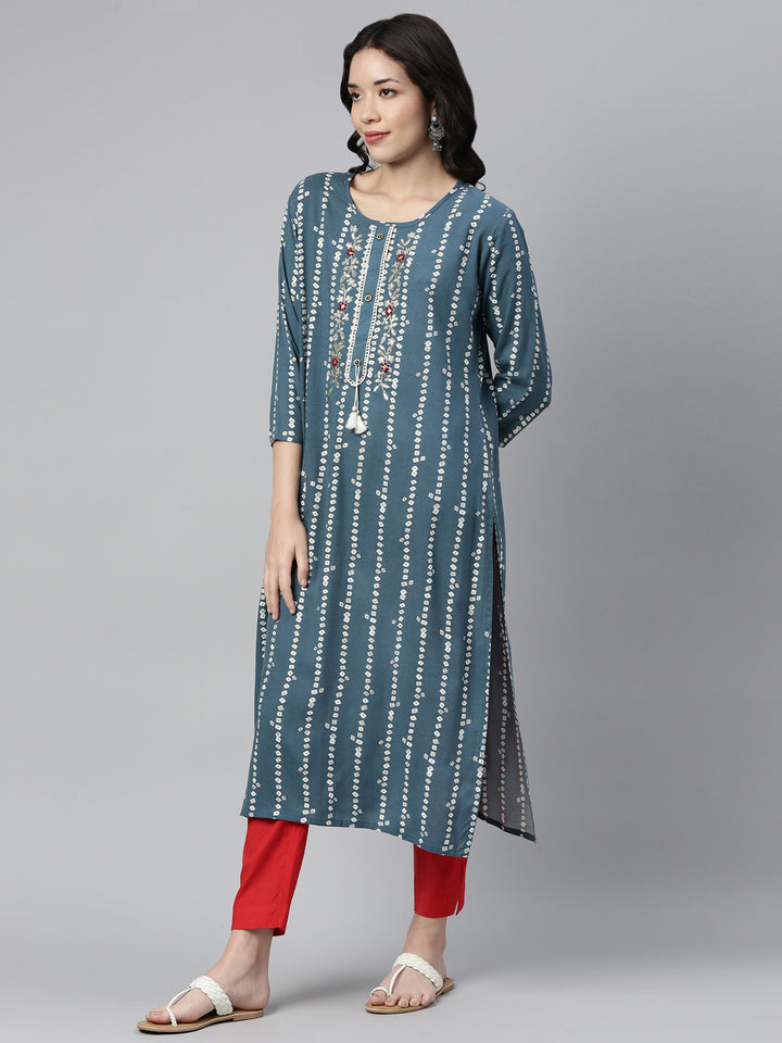 Neerus Blue Rayon Printed Kurti Bandhani - detail view 3