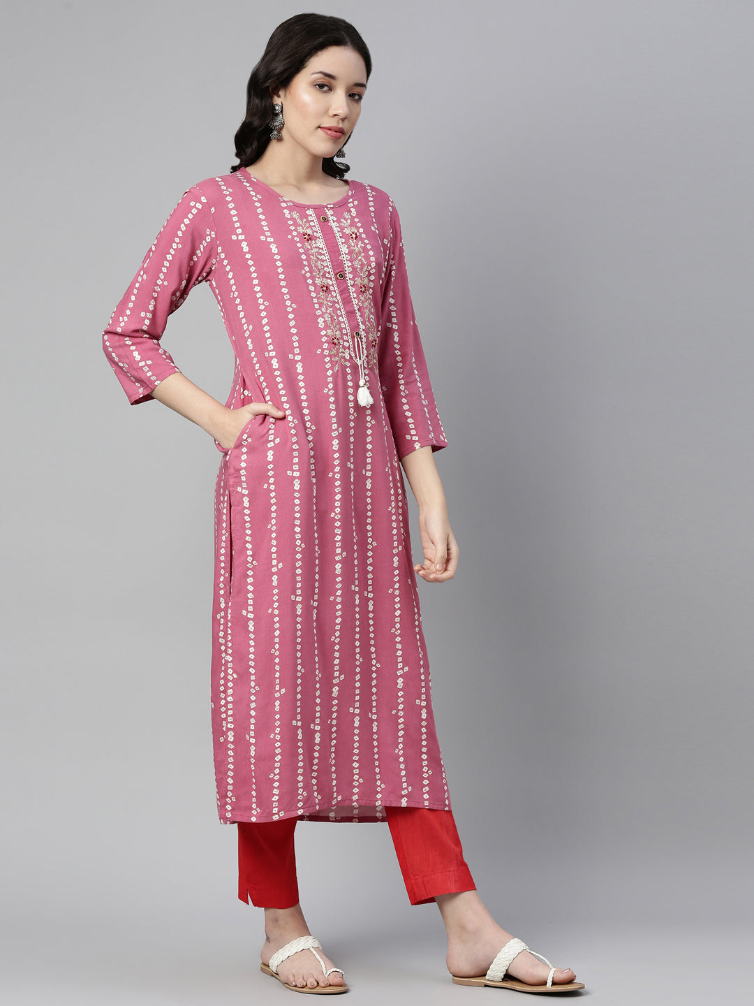 Neerus Onion Color Rayon Fabric Kurta