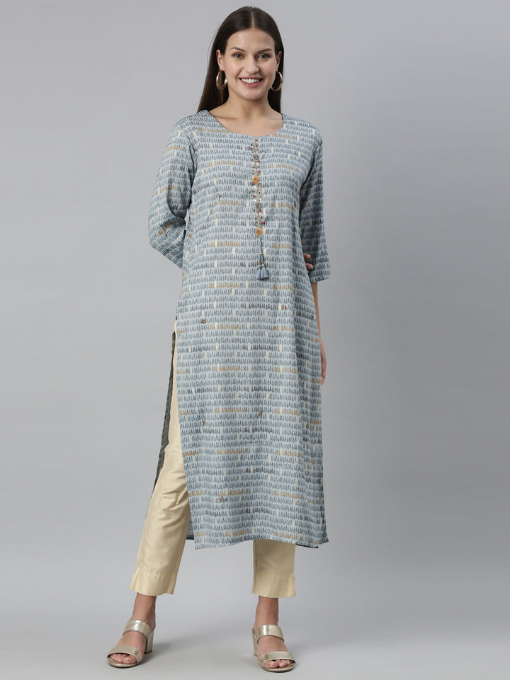 Neerus Blue rayon solid kurti - front view