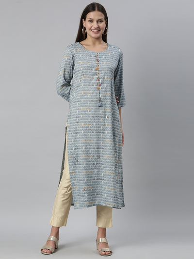 Neeru'S Indigo Color Slub Rayon Fabric Kurta