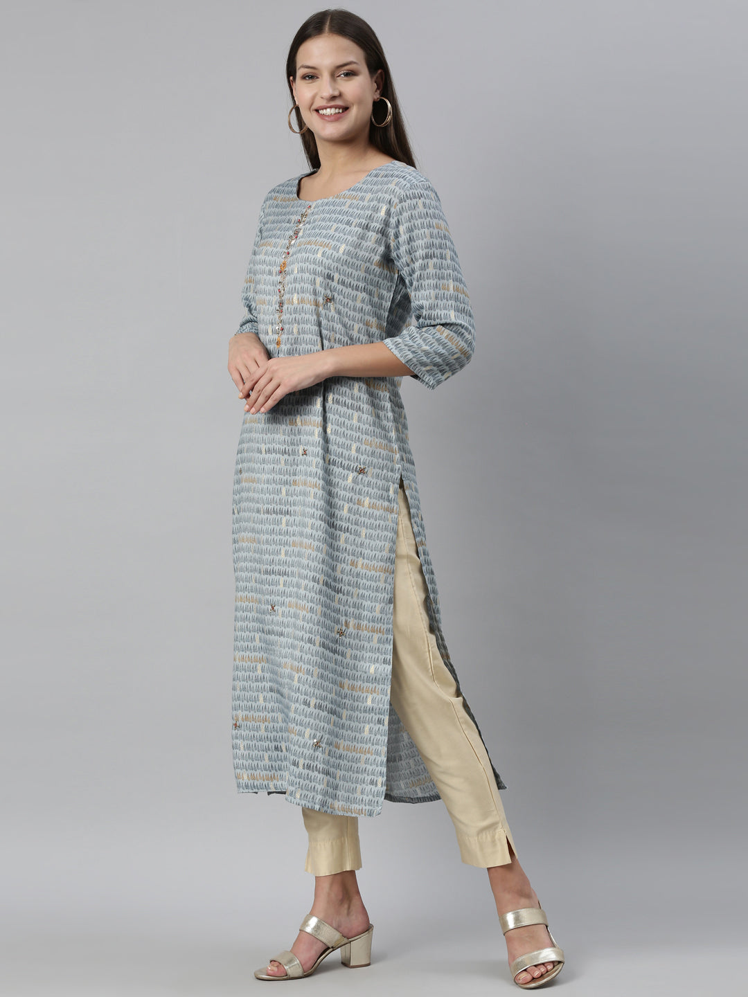 Neerus Blue rayon solid kurti - side view