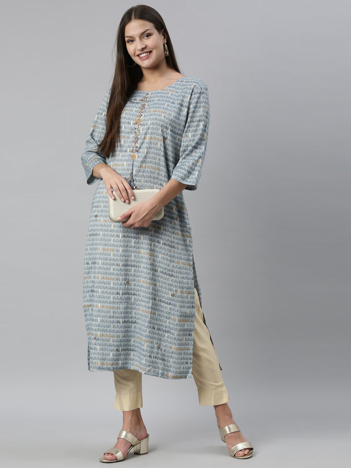 Neerus Blue rayon solid kurti - detail view 3