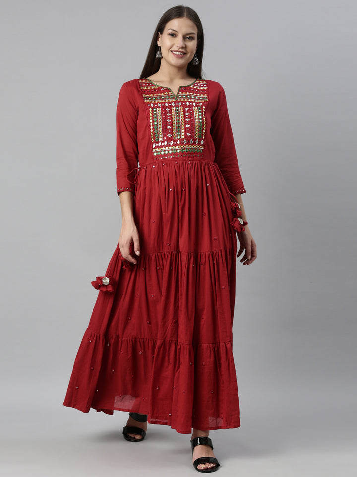 Neerus Maroon cotton embroidered anarkali kurti - detail view 7