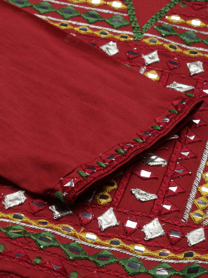 Neerus Maroon cotton embroidered anarkali kurti - detail view 4