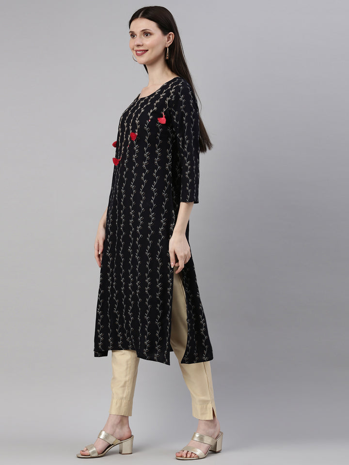 Neerus Blue Rayon Solid Kurta - side view