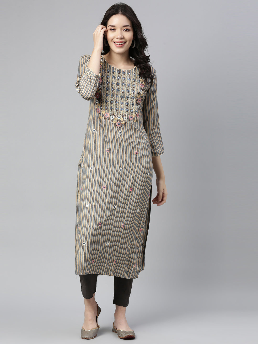 Neerus Grey Color Rayon Fabric Kurta