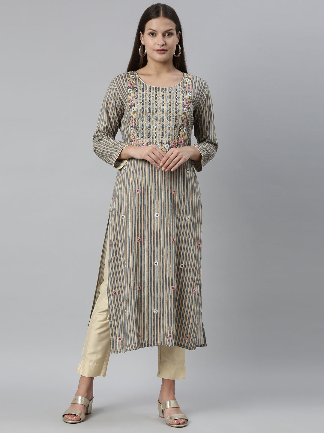 Neerus Grey Color Rayon Fabric Kurta