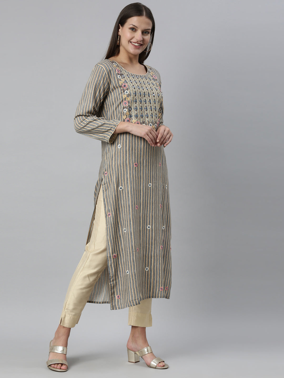 Neerus Grey Color Rayon Fabric Kurta