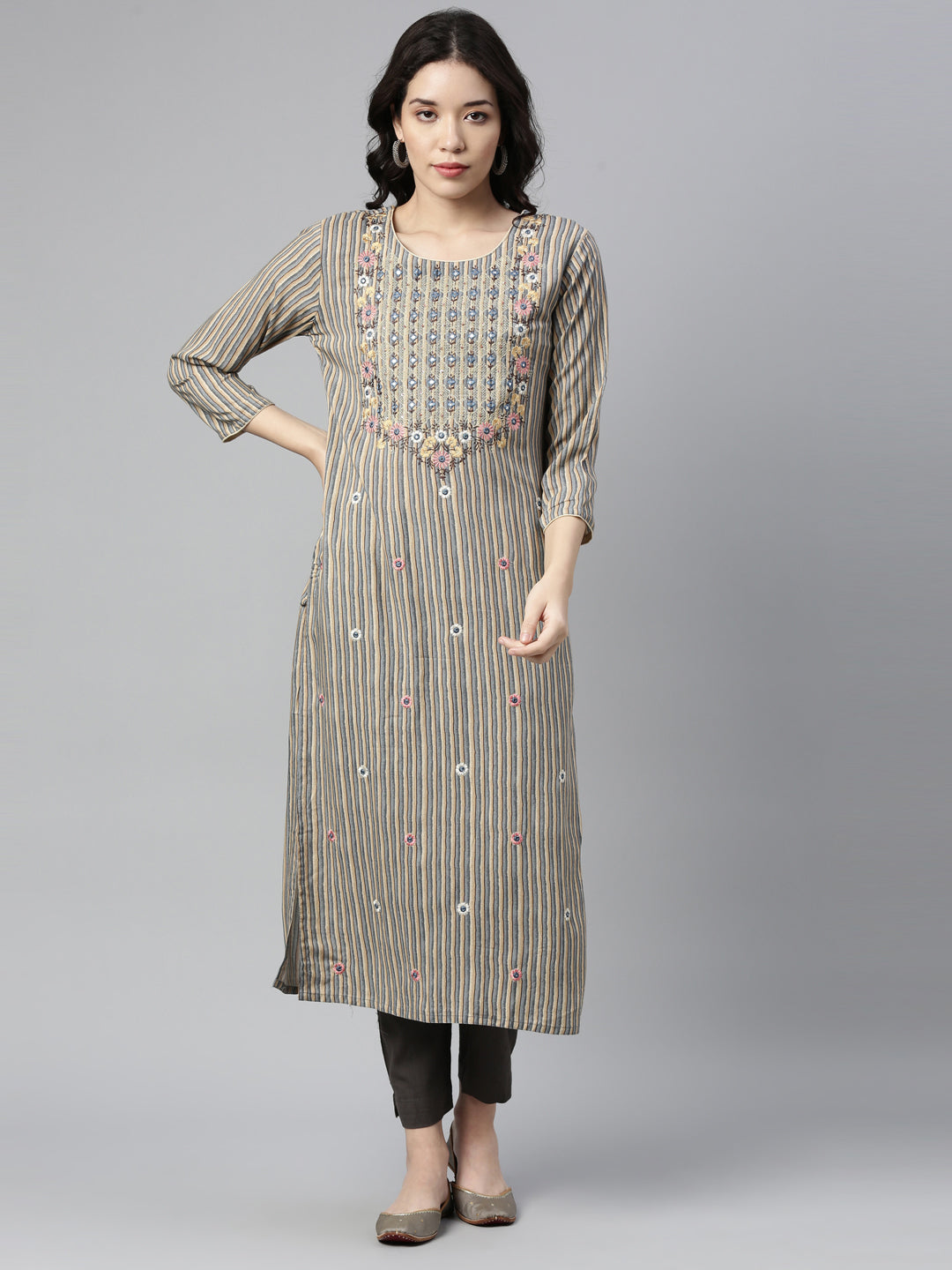 Neerus Grey Color Rayon Fabric Kurta