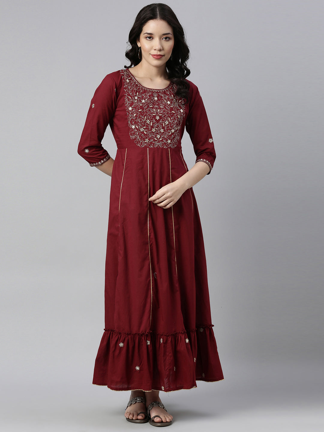 Neerus Maroon cotton thread embroidered anarkali kurti - detail view 4