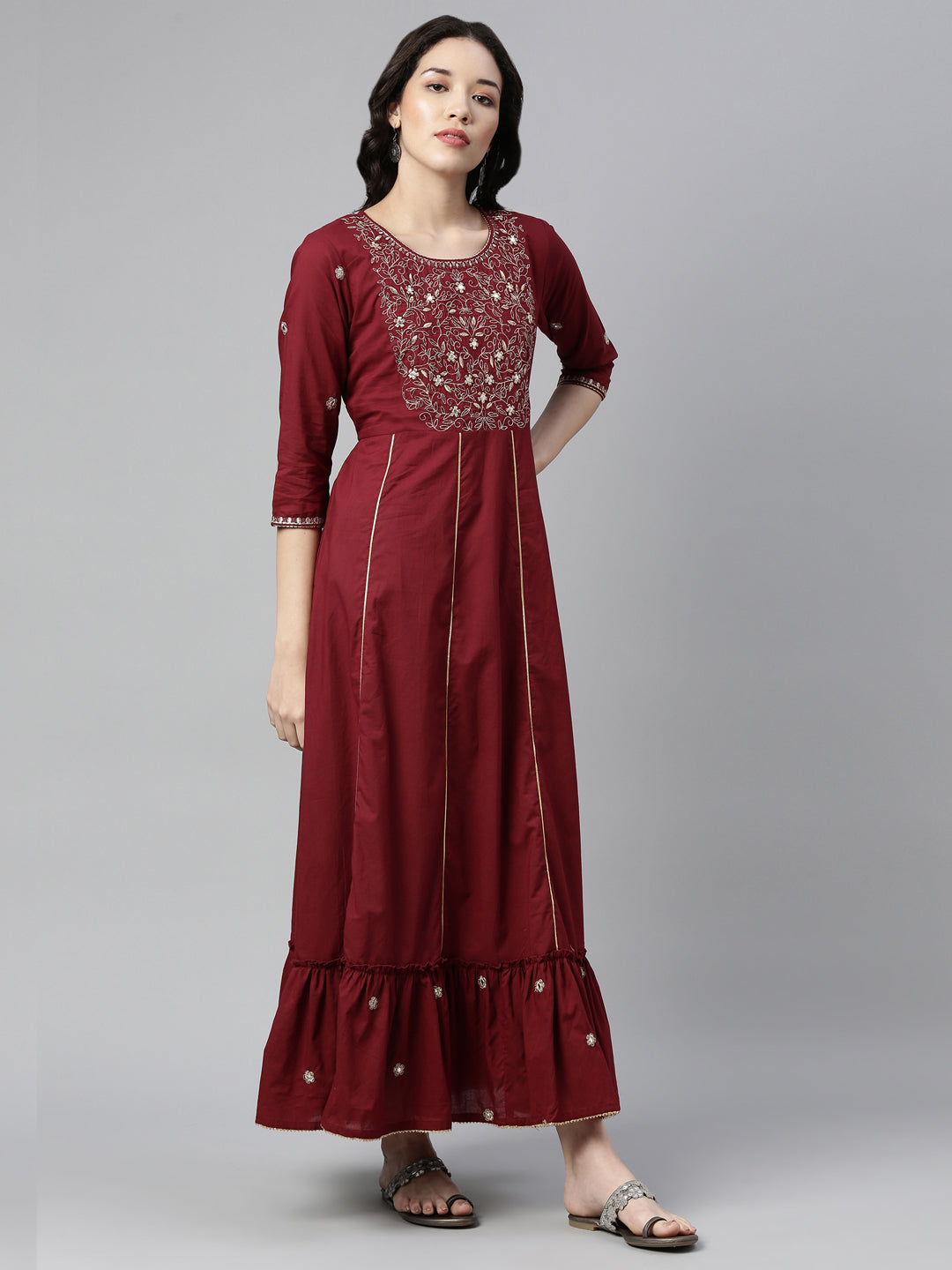 Neerus Maroon cotton thread embroidered anarkali kurti - front view