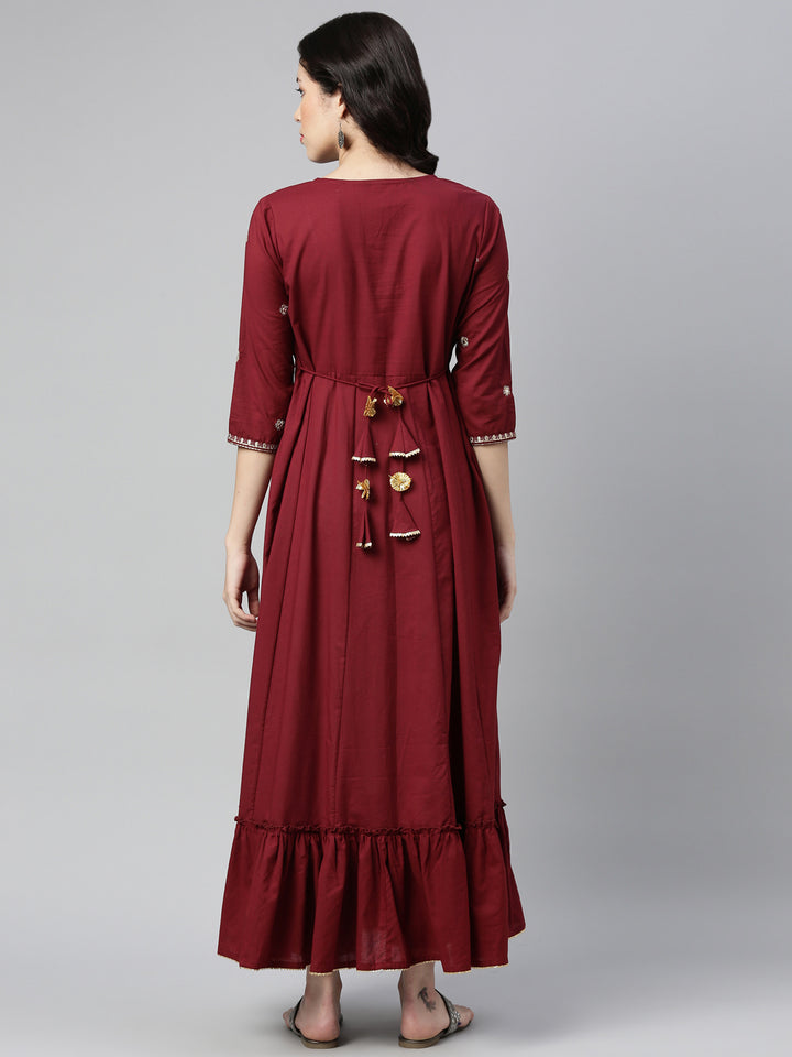 Neerus Maroon cotton thread embroidered anarkali kurti - back view