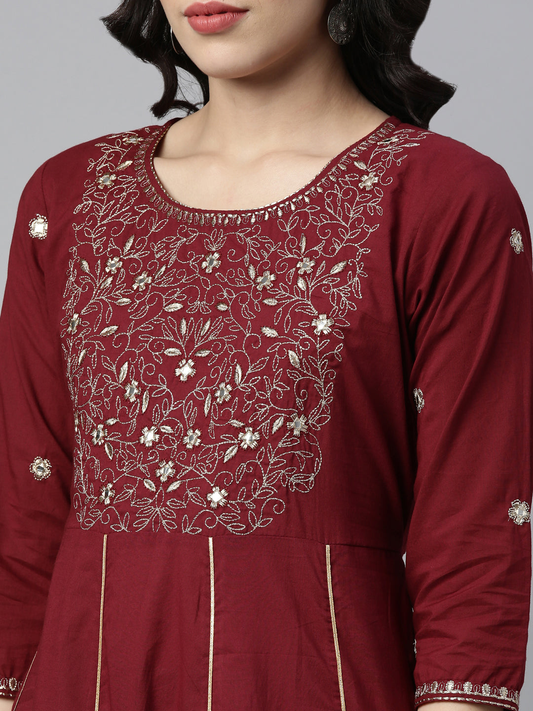 Neerus Maroon cotton thread embroidered anarkali kurti - side view