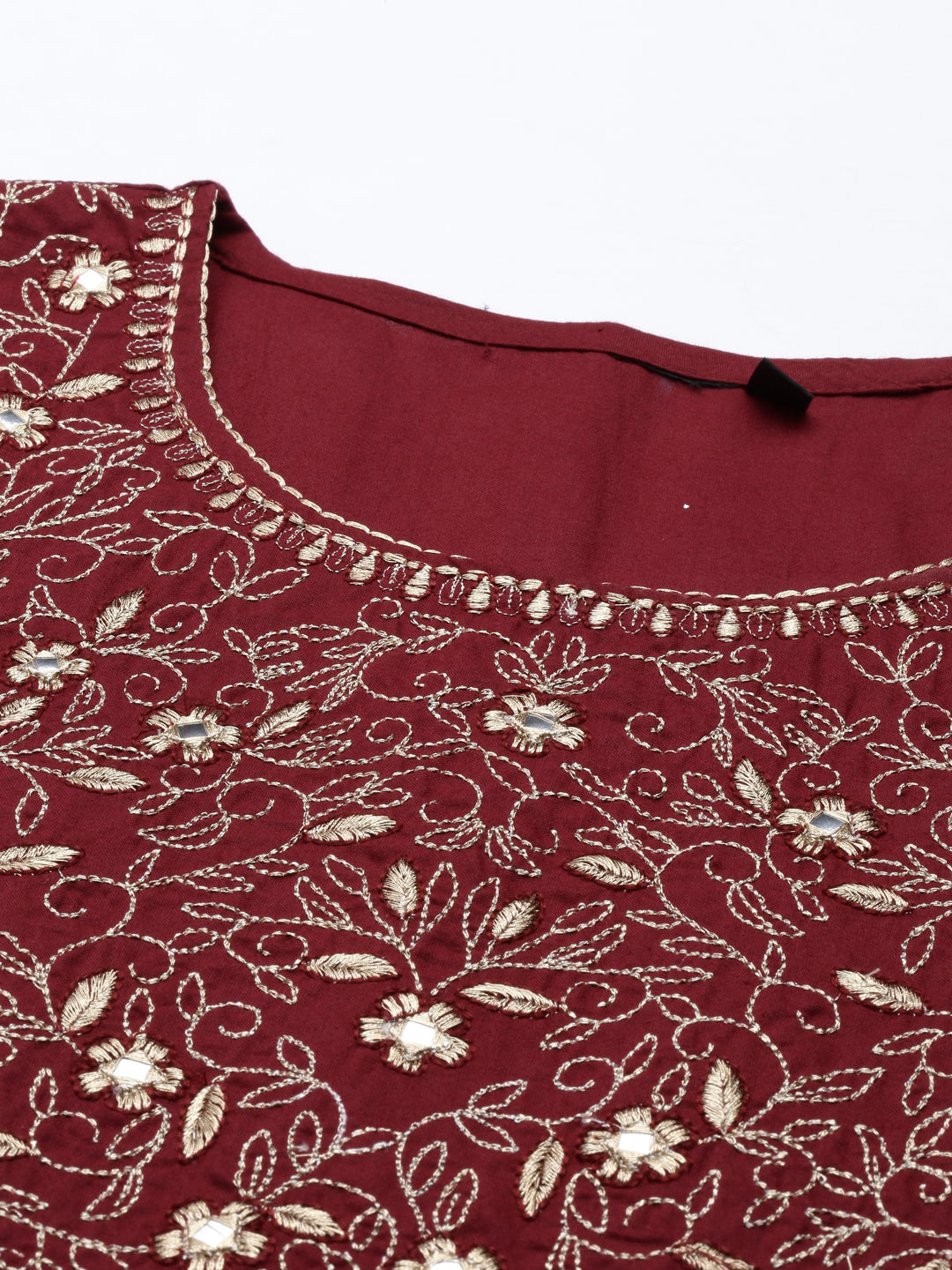 Neerus Maroon cotton thread embroidered anarkali kurti - detail view 2