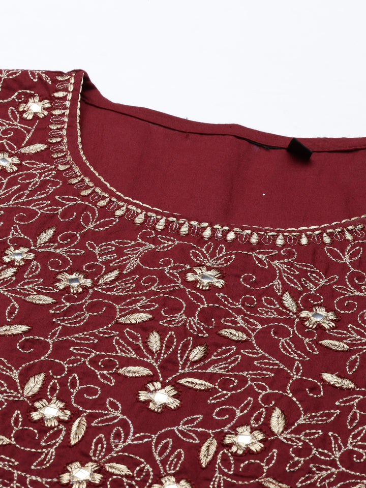 Neerus Maroon cotton thread embroidered anarkali kurti - detail view 2