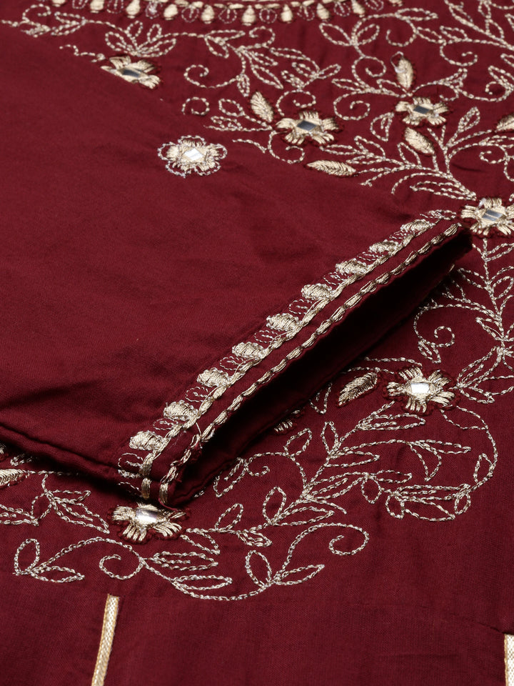 Neerus Maroon cotton thread embroidered anarkali kurti - detail view 3