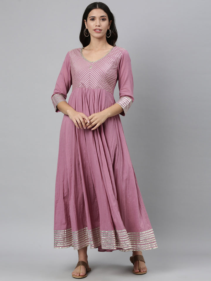 Neerus Pink cotton embellished anarkali kurti - detail view 5