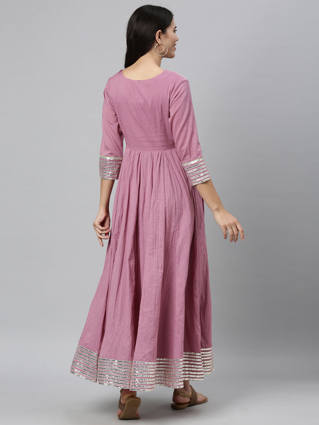 Neerus Pink cotton embellished anarkali kurti - back view