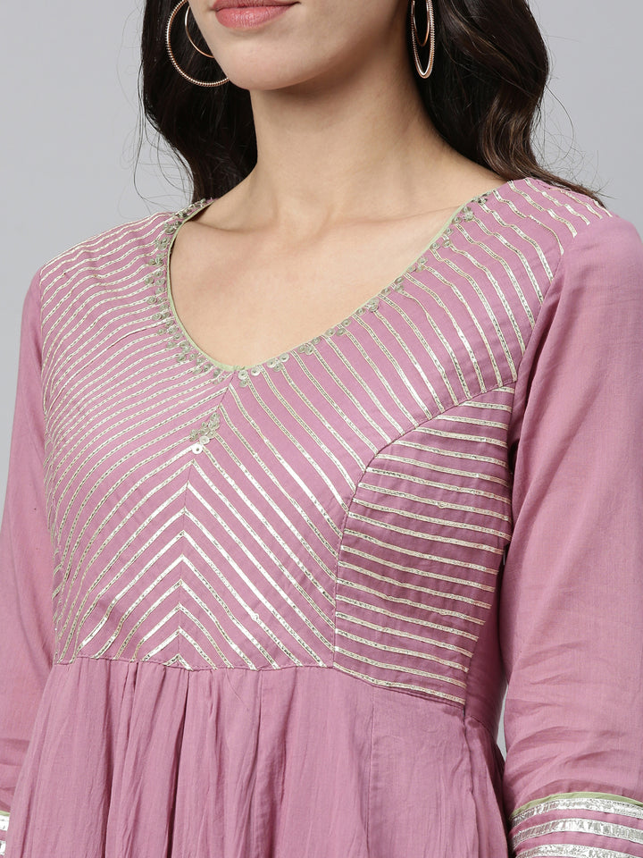 Neerus Pink cotton embellished anarkali kurti - side view