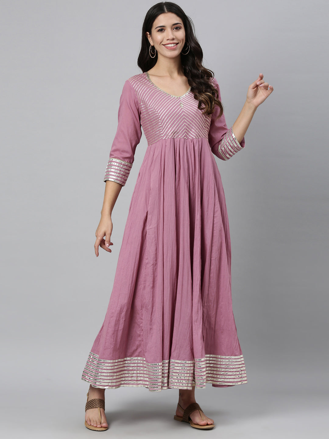 Neerus Pink cotton embellished anarkali kurti - detail view 1