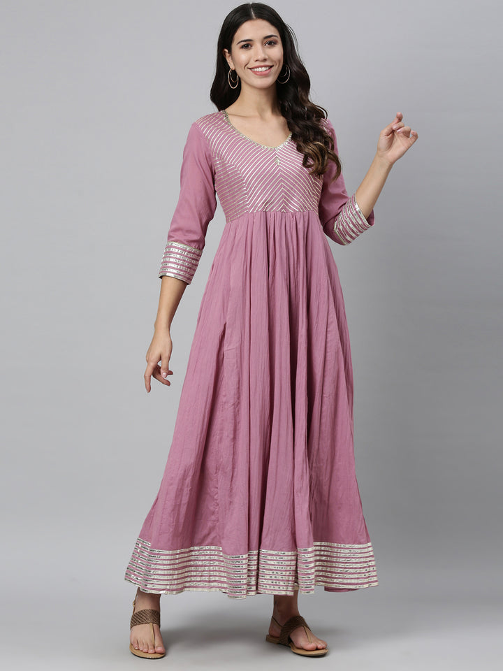 Neerus Pink cotton embellished anarkali kurti - detail view 1