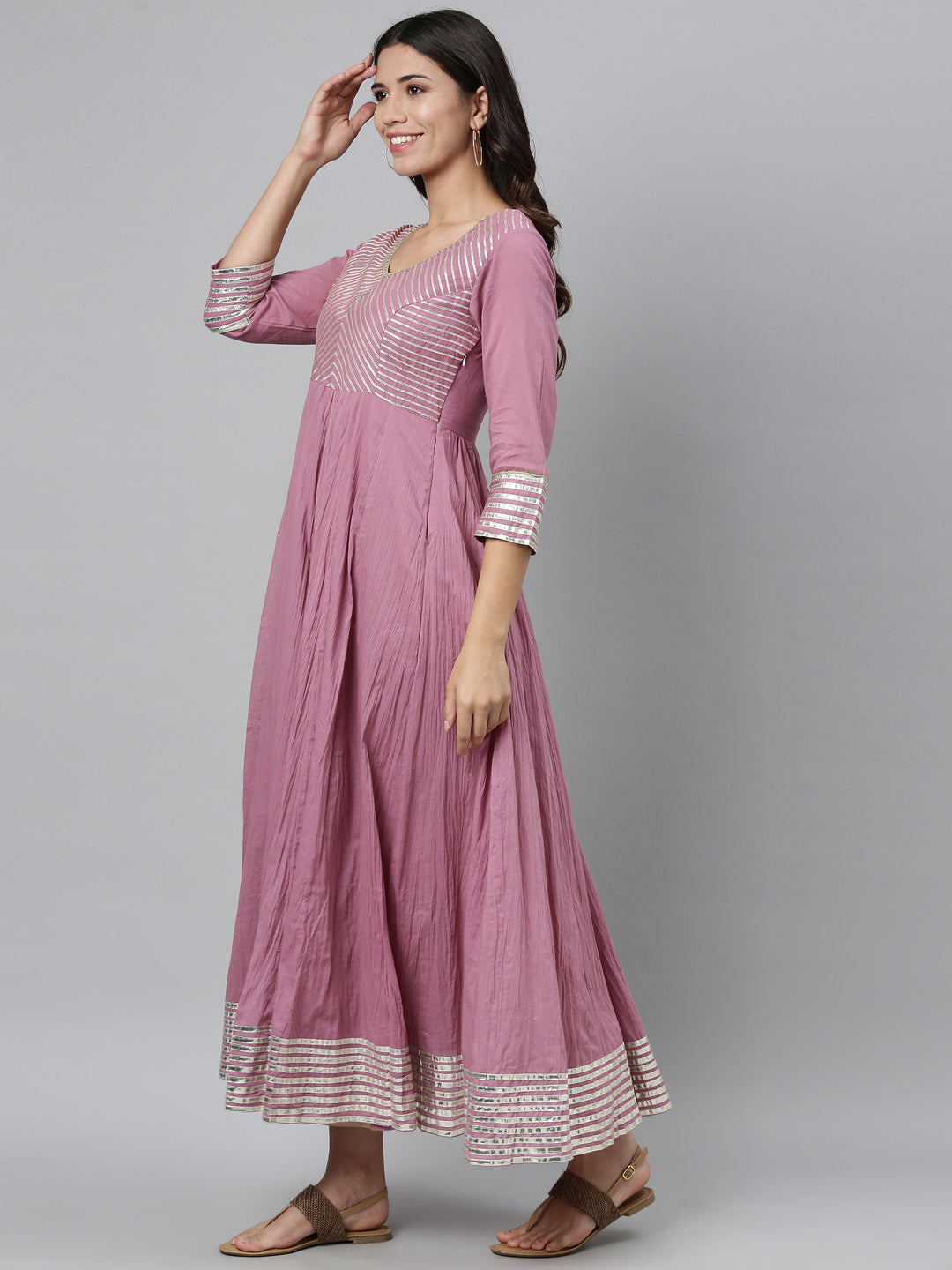Neerus Pink cotton embellished anarkali kurti - detail view 2