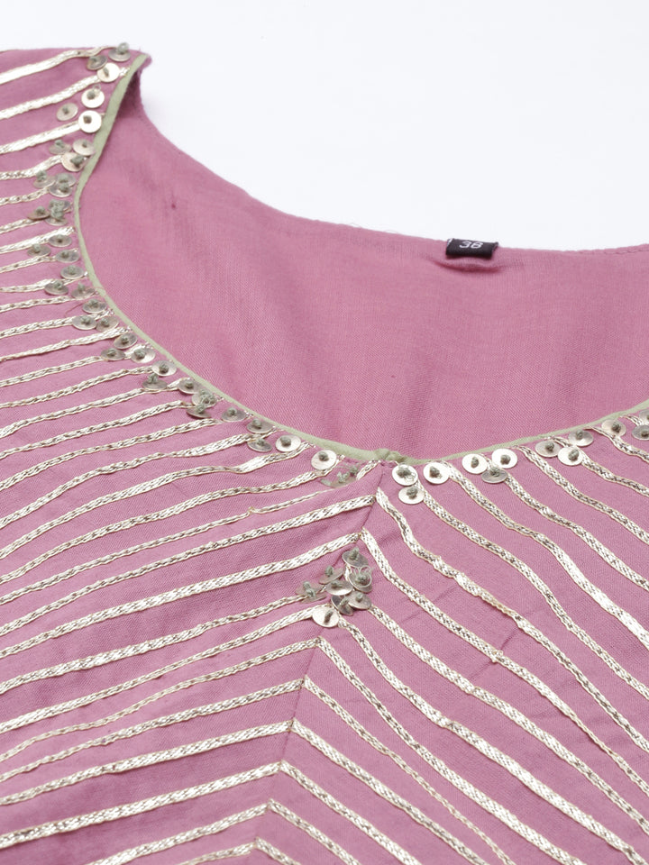 Neerus Pink cotton embellished anarkali kurti - detail view 3