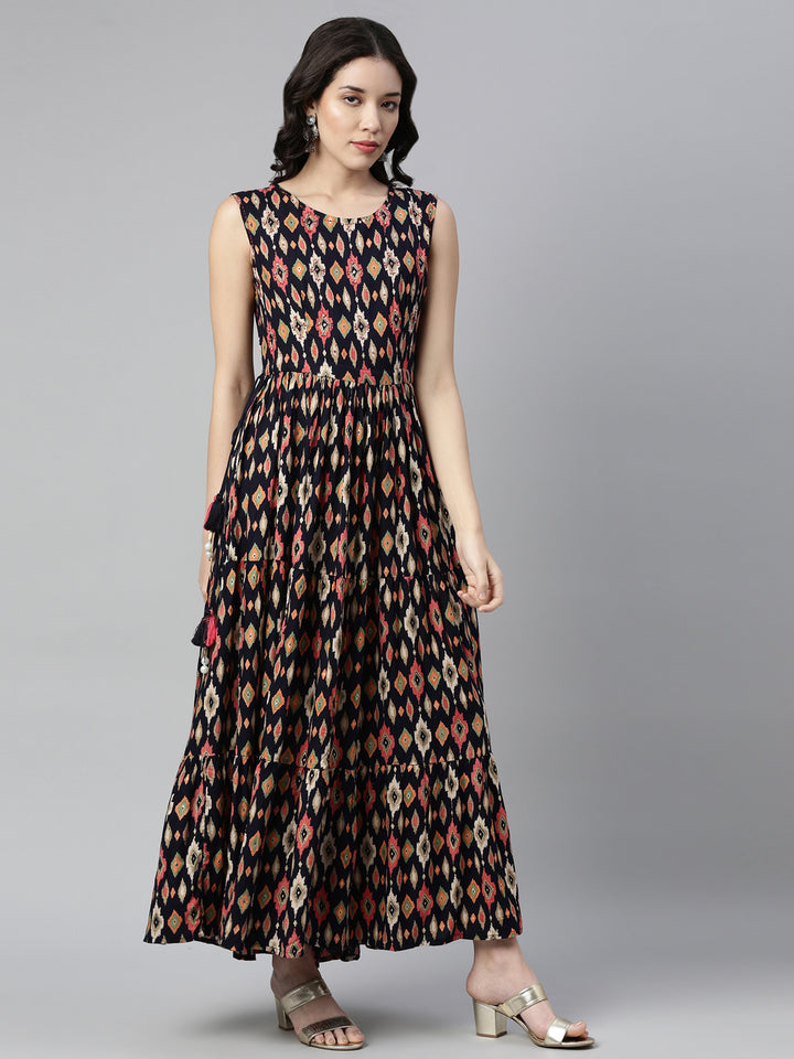 Neerus Blue Rayon Embellished Anarkali Kurta - front view