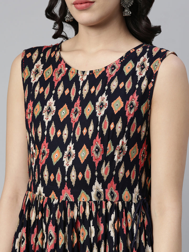 Neerus Blue Rayon Embellished Anarkali Kurta - side view